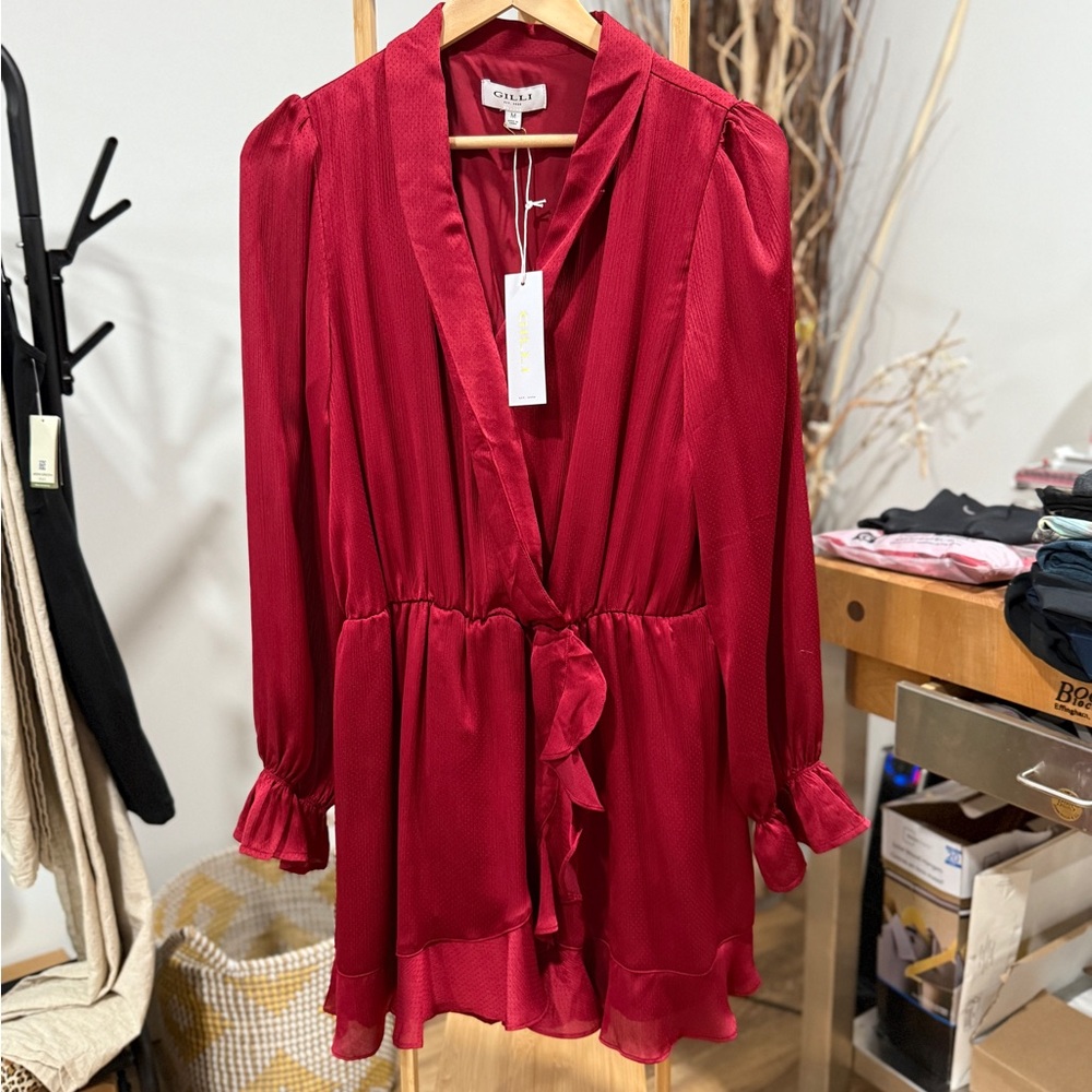 Gilli Women's Red Wrap Ruffle Dress (shorts under)